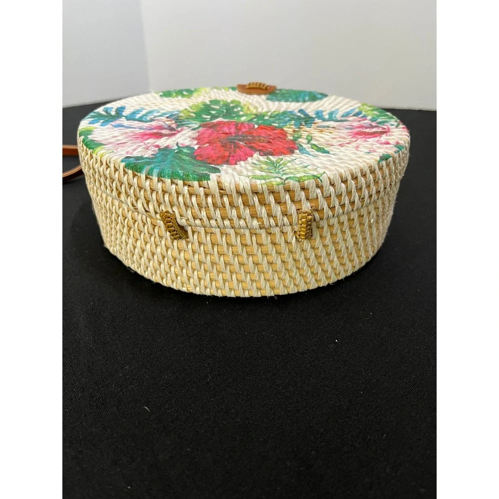 Tropical Floral Round Woven Rattan Crossbody Bag Hibiscus Monstera Straw Purse